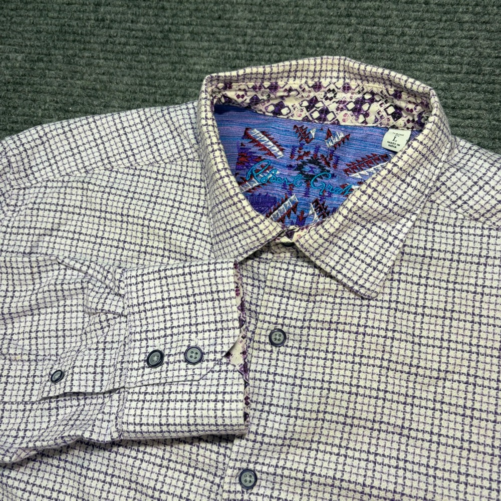 Robert Graham Mens Large Classic Fit Blue/Purple White Micro Check Button Down